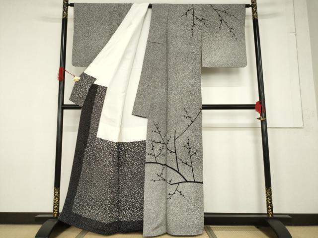 平和屋着物●二代目 川村久太郎 訪問着 枝蕾シルエット 黒地 正絹 逸品 AABF3989ck