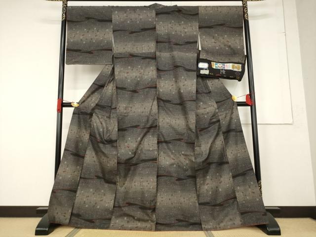 平和屋着物●本場大島紬 純泥染め 手織り カタス9マルキ 横段文 門松絹織物謹製 証紙付き 正絹 逸品 AABF3990ck
