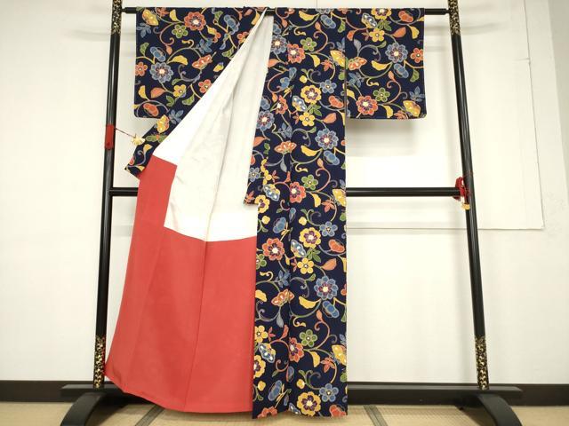 平和屋着物●上質な小紋 型染め 花唐草文 正絹 逸品 AABF3996ck