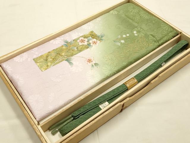 平和屋本店●和装小物 帯締め・帯揚げセット 平組 短冊花文 花唐草 暈し染め 金糸 金銀彩 逸品 未使用品あり AABF4002ay