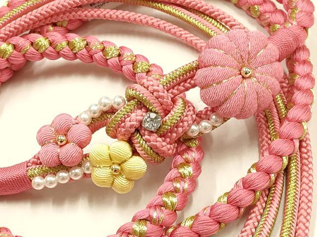 平和屋着物●和装小物 振袖用帯締め 装飾 ちりめん細工 ラインストーン パール 金糸 切り房 逸品 未使用 AABF4071ay
