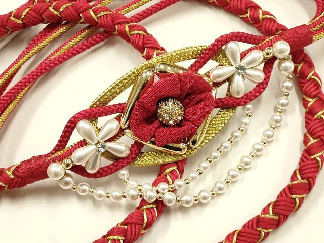 平和屋着物●和装小物 振袖用帯締め 装飾 つまみ細工 パール ラインストーン 金糸 切り房 逸品 未使用 AABF4075ay