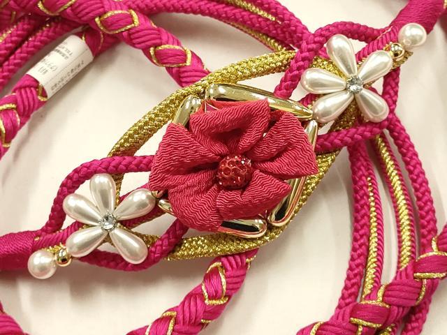 平和屋着物●和装小物 振袖用帯締め 装飾 つまみ細工 パール ラインストーン 金糸 切り房 逸品 未使用 AABF4077ay