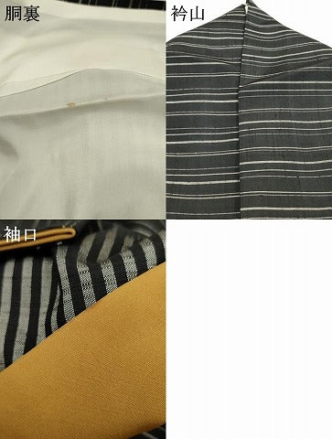平和屋着物●上質な紬 横段間道 黒地 正絹 逸品 AABF4201cs