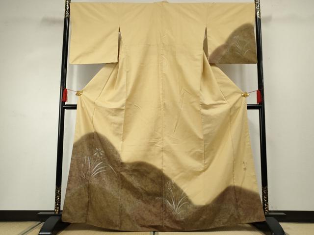平和屋着物●着物作家 岡本龍三 訪問着 紬地 草花文 正絹 逸品 AABF4202cs
