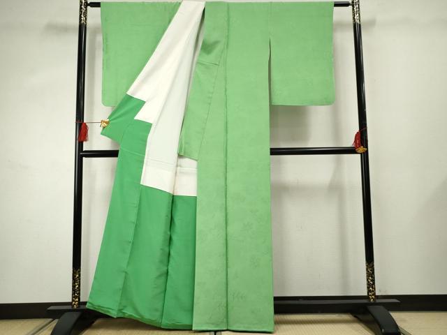 平和屋着物●上質な色無地 枝花地紋 薄緑色 正絹 逸品 AABF4234cs