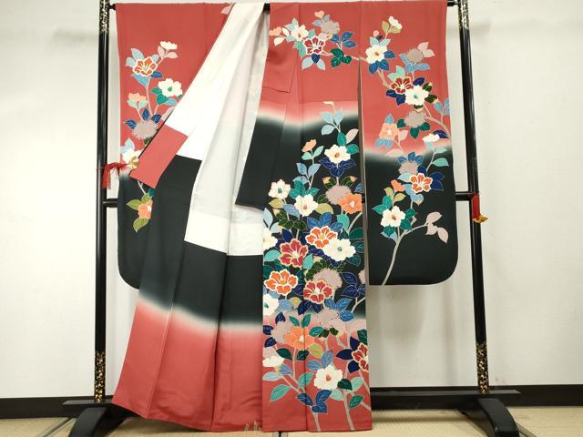 平和屋着物●豪華振袖 友禅 枝花文 暈し染め 正絹 逸品 AABF4264cs