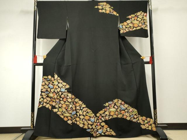 平和屋着物●訪問着 友禅 駒刺繍 宝尽くし 黒地 金彩 正絹 逸品 AABF4279cs