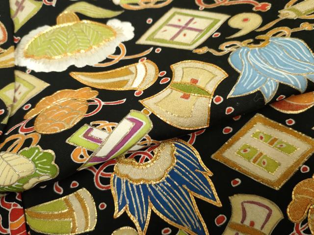 平和屋着物●訪問着 友禅 駒刺繍 宝尽くし 黒地 金彩 正絹 逸品 AABF4279cs