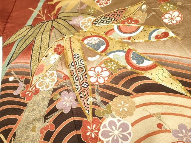 平和屋着物●豪華振袖 駒刺繍 立波笹竹花文 暈し染め 金彩 正絹 逸品 AABF4284cs