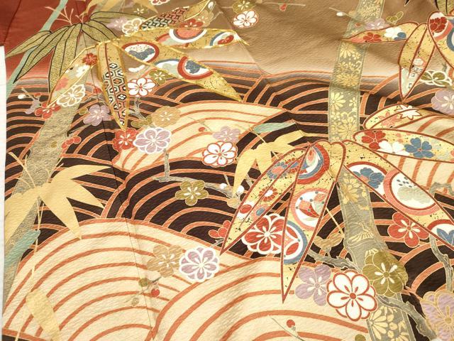 平和屋着物●豪華振袖 駒刺繍 立波笹竹花文 暈し染め 金彩 正絹 逸品 AABF4284cs