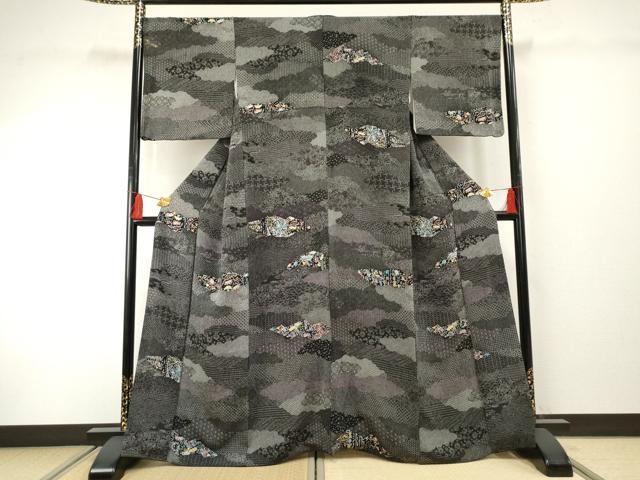 平和屋着物●上質な小紋 吉祥花唐草文 黒地 鬼しぼ縮緬 正絹 逸品 AABF4285cs