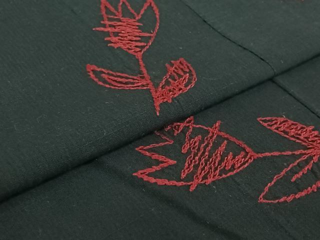 平和屋着物▽上質な小紋 単衣 総刺繍 草花文 黒地 綿 逸品 AABF4324jh