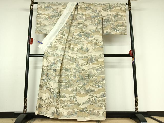 平和屋着物▽上質な小紋 単衣 中国三大刺繍 汕頭刺繍 スワトウ刺繍 風景文 金糸 正絹 逸品 AABF4328jh