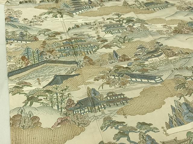 平和屋着物▽上質な小紋 単衣 中国三大刺繍 汕頭刺繍 スワトウ刺繍 風景文 金糸 正絹 逸品 AABF4328jh