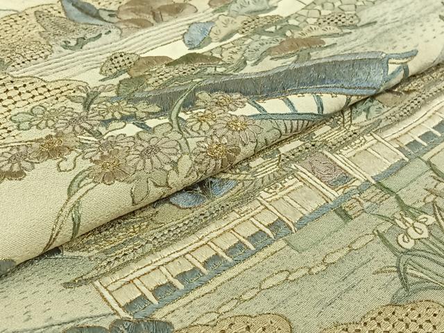 平和屋着物▽上質な小紋 単衣 中国三大刺繍 汕頭刺繍 スワトウ刺繍 風景文 金糸 正絹 逸品 AABF4328jh