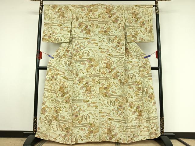 平和屋着物▽上質な小紋 単衣 風景松竹梅文 暈し染め 金彩 正絹 逸品 AABF4341jh