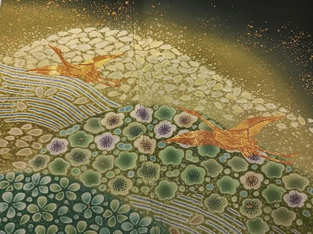 平和屋着物●蔦屋文司 黒留袖 駒刺繍 飛鶴花文 暈し染め 金彩 正絹 逸品 AABF4467ph