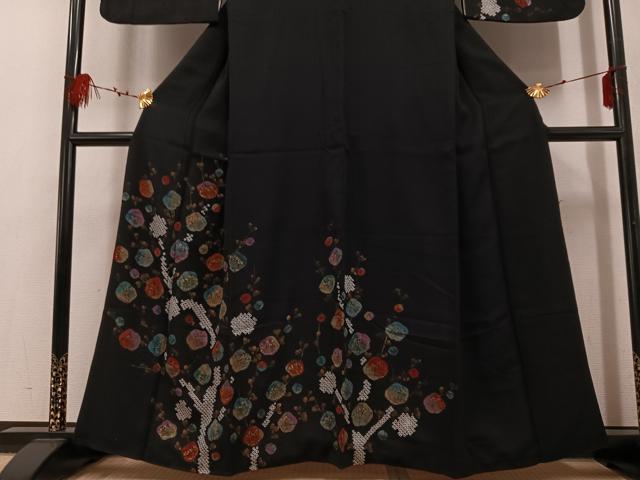 平和屋着物●訪問着 絞り 枝梅 黒地 金彩 正絹 逸品 AABF4481ph