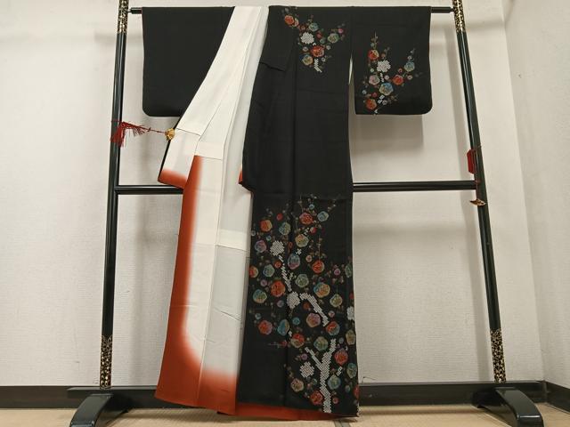 平和屋着物●訪問着 絞り 枝梅 黒地 金彩 正絹 逸品 AABF4481ph