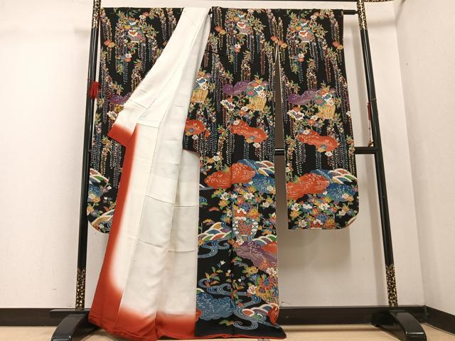 平和屋着物●豪華振袖 流水花文 黒地 鬼しぼ縮緬 正絹 逸品 AABF4488ph