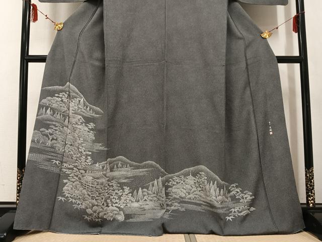 平和屋着物●伝統工芸師 服部光擴 江戸小紋 訪問着 風景樹林文 黒地 正絹 逸品 AABF4490ph