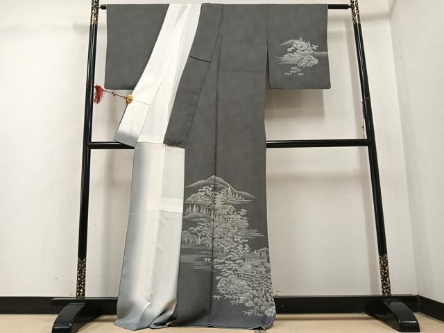 平和屋着物●伝統工芸師 服部光擴 江戸小紋 訪問着 風景樹林文 黒地 正絹 逸品 AABF4490ph