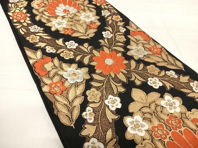 平和屋着物◎六通柄 本袋帯 草花文 黒地 金銀糸 正絹 逸品 AABF4537yx