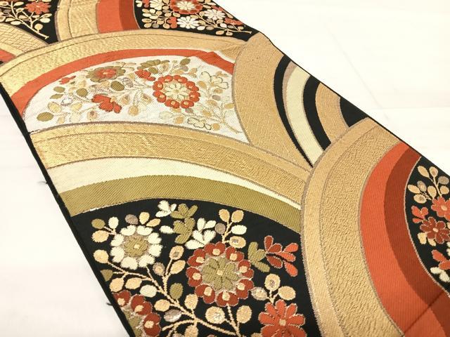 平和屋着物◎六通柄 本袋帯 草花文 黒地 金糸 正絹 逸品 AABF4539yx