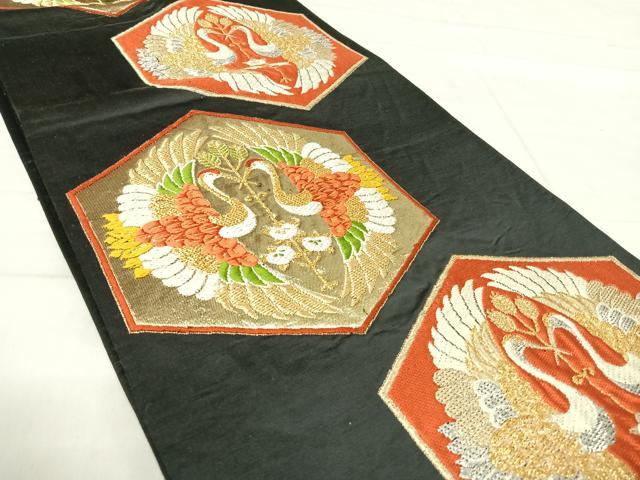 平和屋着物◎六通柄袋帯 唐織 双鶴文 黒地 金銀糸 三越扱い 正絹 逸品 AABF4541yx