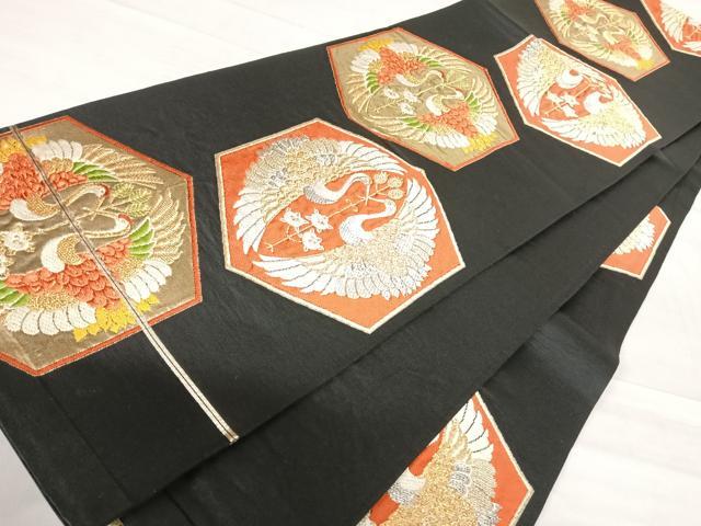 平和屋着物◎六通柄袋帯 唐織 双鶴文 黒地 金銀糸 三越扱い 正絹 逸品 AABF4541yx