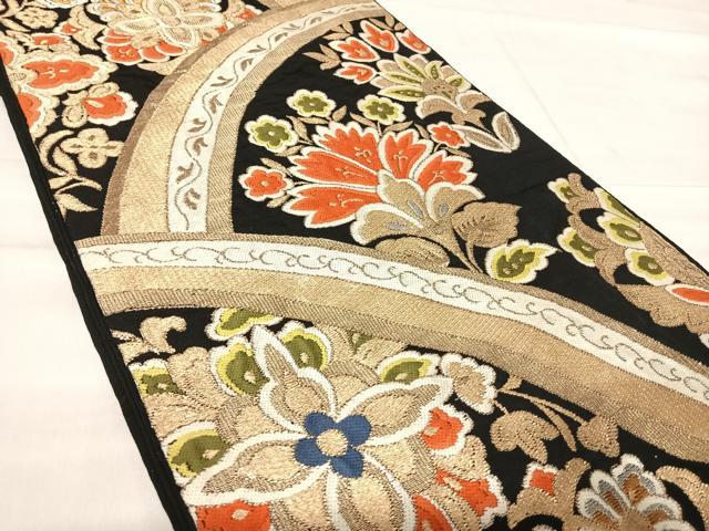 平和屋着物◎六通柄 本袋帯 更紗花文 黒地 金銀糸 正絹 逸品 AABF4546yx