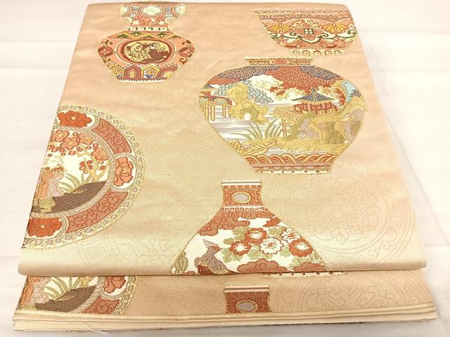 平和屋着物◎六通柄袋帯 陶器文 金糸 正絹 逸品 AABF4568yx