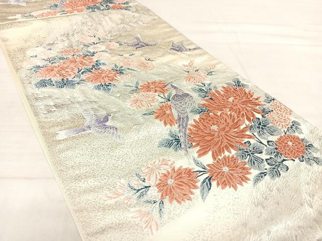 平和屋着物◎西陣 六通柄袋帯 唐織 能調小袖 花鳥文 銀糸 正絹 逸品 AABF4575yx
