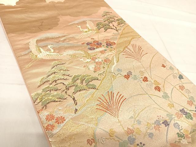 平和屋着物◎六通柄袋帯 唐織 飛鶴風景文 金糸 正絹 逸品 AABF4694yx