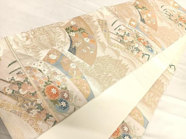 平和屋着物◎六通柄袋帯 唐織 扇面取花車文 金糸 正絹 逸品 AABF4716yx