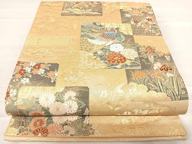 平和屋着物◎六通柄袋帯 唐織 蒔絵色紙紋 金銀糸 正絹 逸品 AABF4725yx