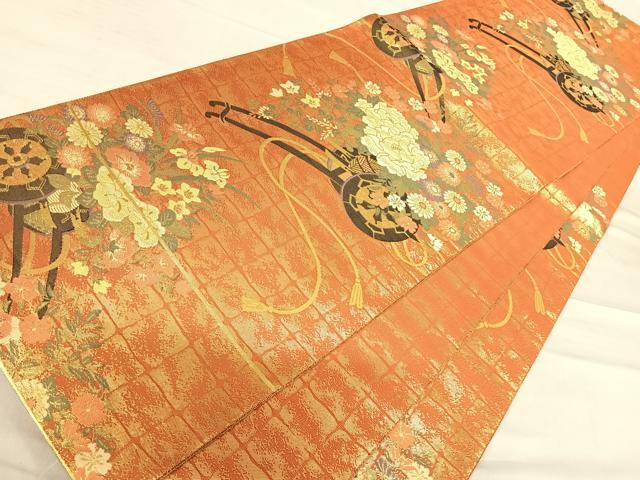 平和屋着物◎佐賀錦 六通柄袋帯 花車文 金糸 正絹 逸品 AABF4740yx