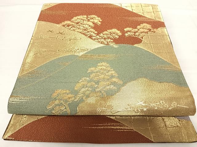 平和屋着物◎六通柄袋帯 織彩 遠山花鳥文 金糸 正絹 逸品 AABF4775yx