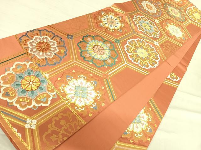平和屋着物◎六通柄袋帯 唐織 亀甲花文 金糸 正絹 逸品 AABF4807yx