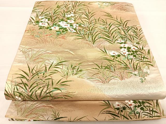平和屋着物◎六通柄袋帯 唐織 遠山草木 金糸 正絹 逸品 AABF4831yx