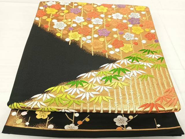 平和屋着物◎六通柄袋帯 唐織 笹梅文 黒地 金銀糸 正絹 逸品 AABF4842yx