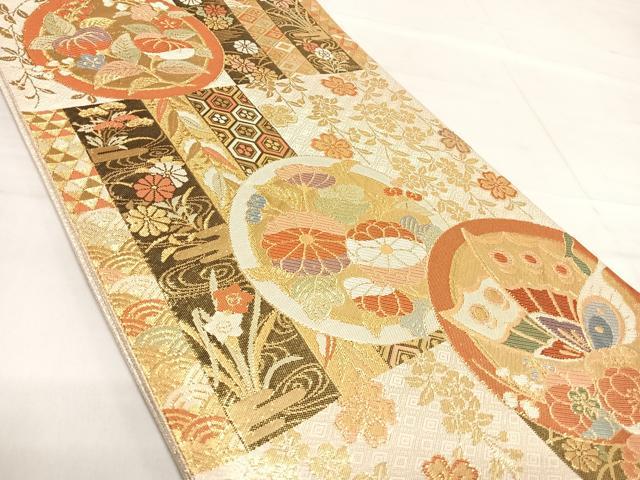 平和屋着物◎佐賀錦 六通柄袋帯 花蝶丸文 金糸 正絹 逸品 AABF4862yx