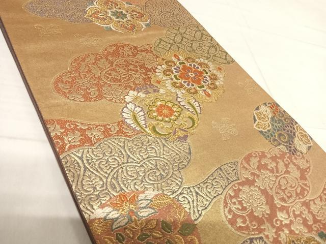 平和屋着物◎六通柄袋帯 唐織 唐衣裳 雲取り花丸文 金糸 正絹 逸品 AABF4886yx