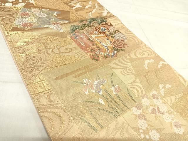 平和屋着物◎六通柄袋帯 色紙花鳥文 金糸 やまと誂製 正絹 逸品 AABF4890yx