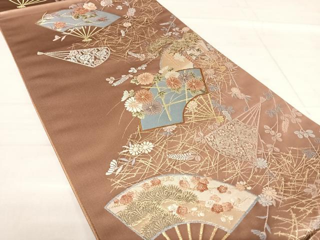 平和屋着物◎六通柄袋帯 唐織 扇面花文 藤花房 金糸 正絹 逸品 AABF4893yx