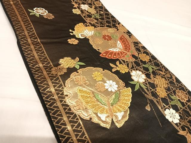 平和屋着物◎六通柄袋帯 唐織 雪輪花蝶文 黒地 金糸 正絹 逸品 AABF4908yx