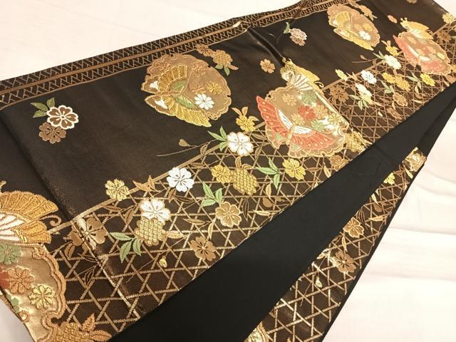 平和屋着物◎六通柄袋帯 唐織 雪輪花蝶文 黒地 金糸 正絹 逸品 AABF4908yx