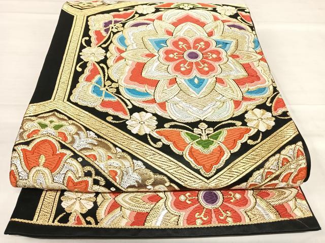 平和屋着物◎六通柄袋帯 唐織 亀甲花蝶文 黒地 金銀糸 正絹 逸品 AABF4922yx