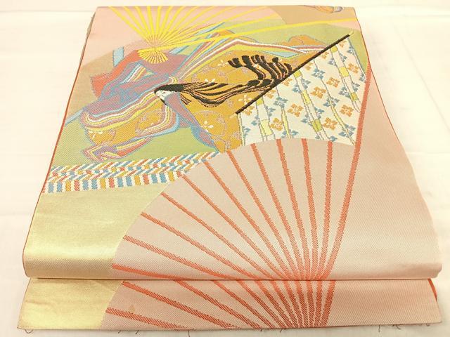 平和屋着物◎織物一筋名門 織悦 全通柄 本袋帯 女人扇子文 金糸 正絹 逸品 AABF4941yx